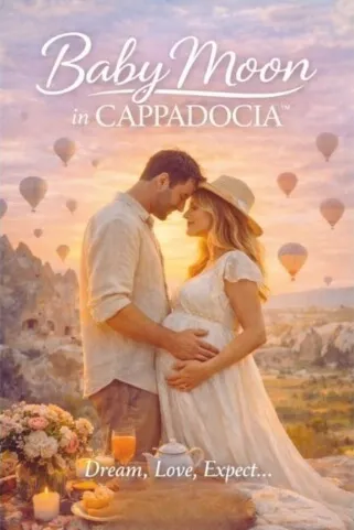 Baby Moon in Cappadocia exclusive maternity travel experience featuring a pregnant couple with hot air balloons at sunset