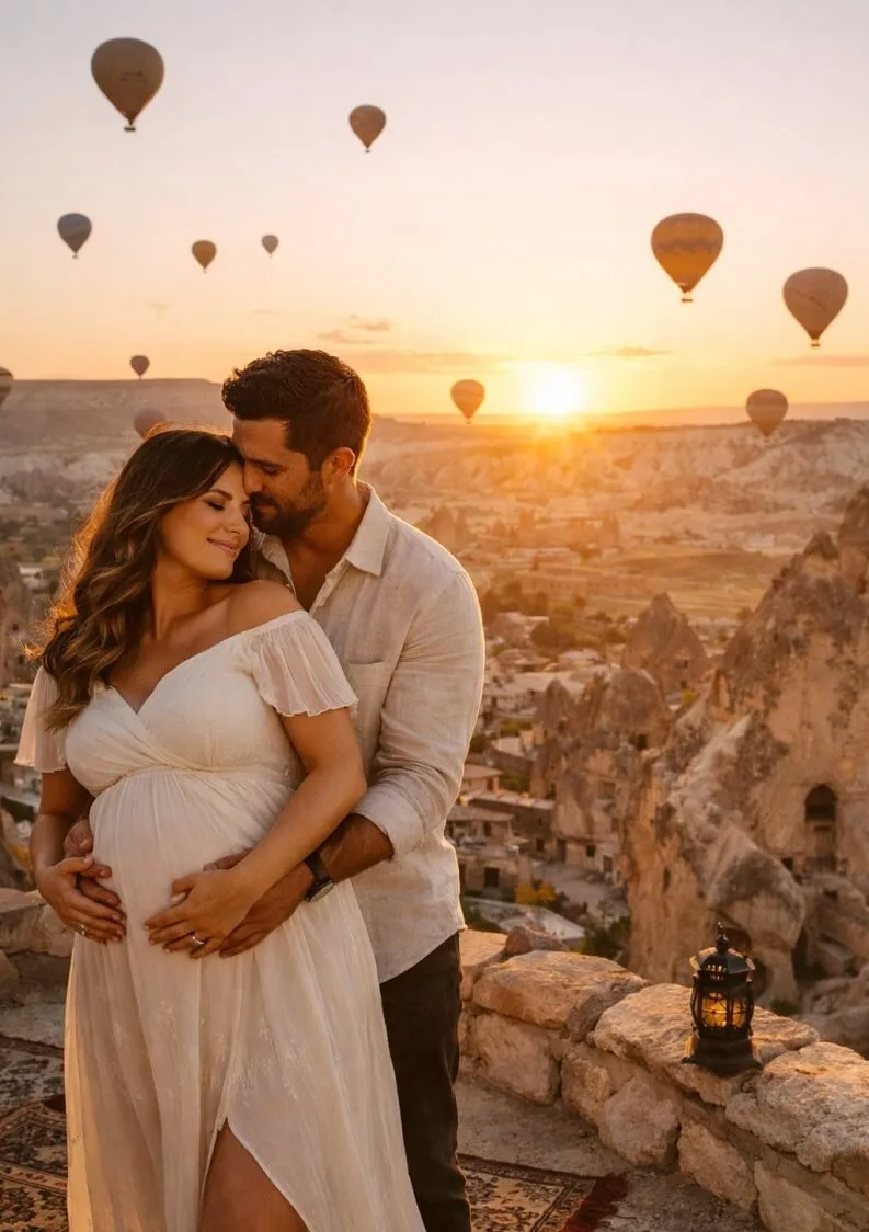 Premium babymoon experience in Cappadocia featuring a maternity couple with hot air balloons at sunrise