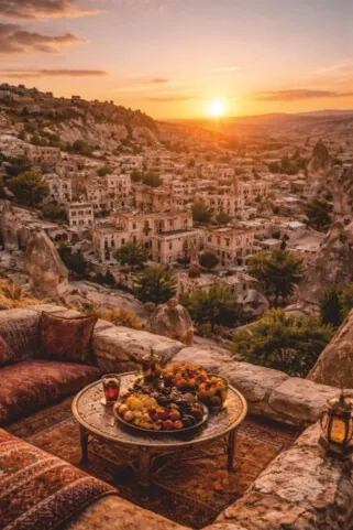 Authentic village life in Mustafapaşa Sinasos with traditional stone houses and sunrise terrace view in Cappadocia