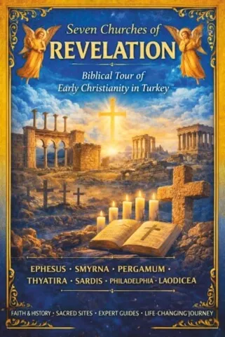 Seven Churches of Revelation biblical tour poster featuring ancient ruins, bible, cross and angels in Turkey