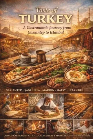 Taste of Turkey gastronomy tour collage featuring kebabs, Turkish coffee, and local markets from Gaziantep to Istanbul