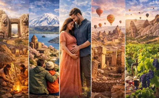 Collage of premium travel experiences in Turkey including Cappadocia, ancient ruins and babymoon